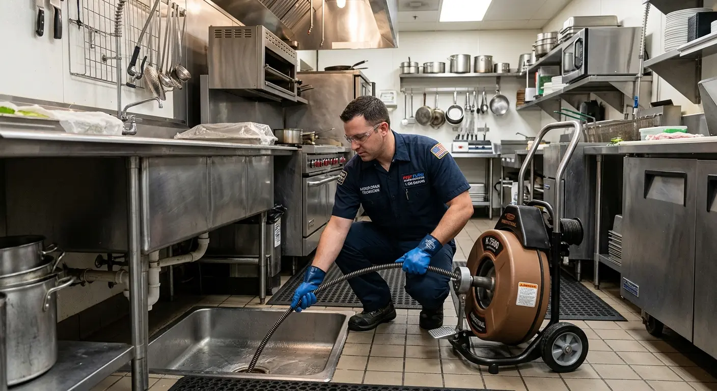 Commercial drain cleaning service in a restaurant kitchen in Keyes