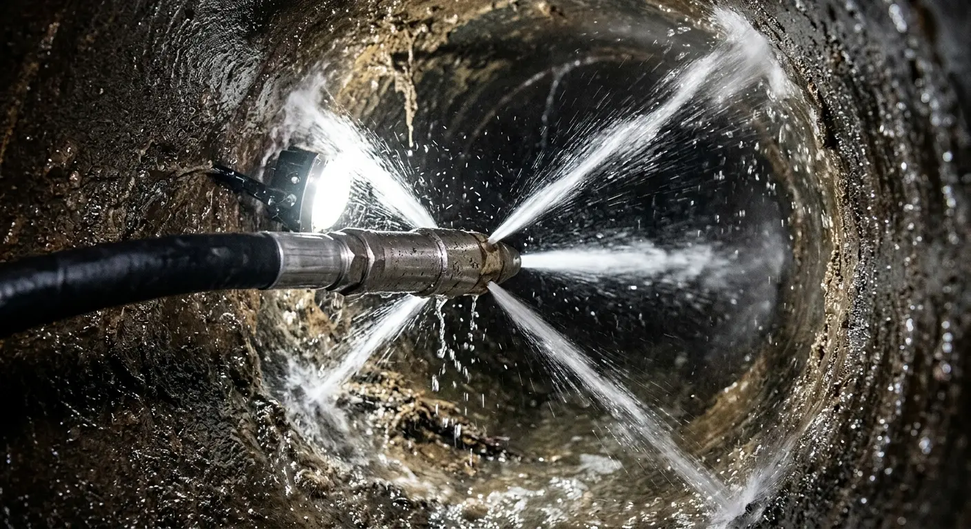 High-pressure hydro jetting nozzle cleaning sewer pipe for Emergency Drain Service in Keyes