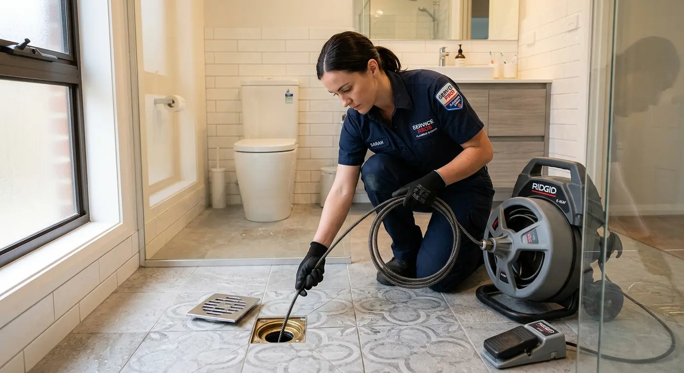 Technician clearing a bathroom floor drain for Sewer Line Installation in Keyes